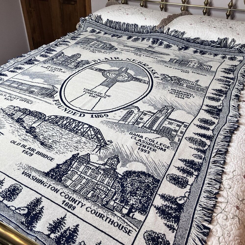 Vintage Blair Nebraska Tapestry Throw Blanket Blue & White Approx 60x48" Fringe